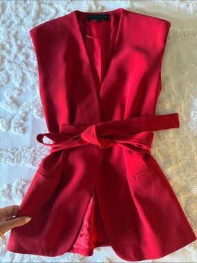 Zara Red Sleeveless Belted Blazer Vest